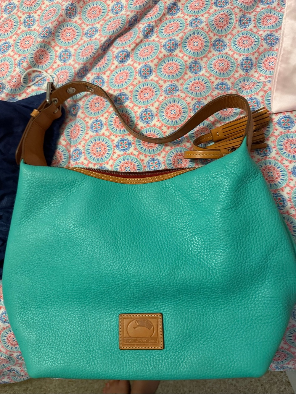Dooney & Bourke Turquoise Pebbled Leather Shoulder Bag with Tan Trim
